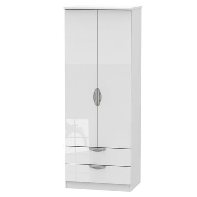 Chelsea Ready Assembled Contemporary Gloss White 2 Drawer Tall Double Wardrobe (H)1970mm (W)740mm (D)530mm - image 1