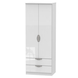 Chelsea Ready Assembled Contemporary Gloss White 2 Drawer Tall Double Wardrobe (H)1970mm (W)740mm (D)530mm - thumbnail 1