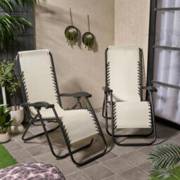 Ohs 2 X Garden Reclining Zero Gravity Patio Sun Lounger Folding Chair Outdoor - Cream - thumbnail 1