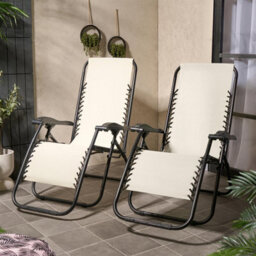 Ohs 2 X Garden Reclining Zero Gravity Patio Sun Lounger Folding Chair Outdoor - Cream - thumbnail 2