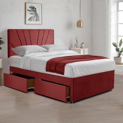 Red Plush Fabric Double Bed With 20 Inches Sunrise Headboard 2 Storage Drawers And Spring Memory Foam Mattress