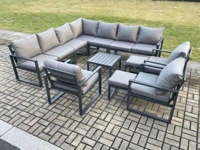 Fimous Aluminium Outdoor Garden Furniture Set Lounge Corner Sofa 3 Pcs Chair Coffee Table Sets With 2 Small Footstools