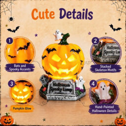 Amorly Halloween Pumpkin Ghost Table Lamp, Jack O' Lantern Resin Figurine, 4.7 In Usb Powered Led Night Light, Holiday Party Home Decor - thumbnail 2