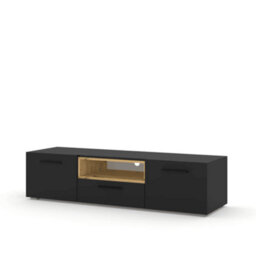 Arte Elegant Anette Tv Cabinet H370mm W1510mm D430mm With Hinged Doors, Open Compartment, And Cable Management In Oak Artisan & Black