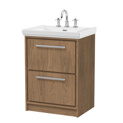 Hudson Reed Lille Floorstanding Two Drawer Contemporary Vanity Unit With 3 Tap Hole Basin In Antique Oak, 630 X 471mm - image 1