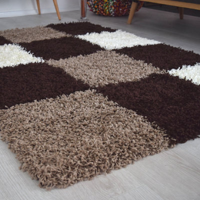 "Bravich Brown Checked Thick Shaggy Rug - California - 60X110Cm (2'x3'7"")" - image 1