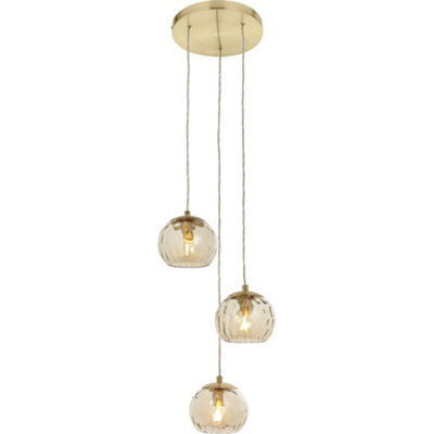 Satin Brass 3 Light Ceiling Pendant Fitting & Campagne Dimpled Glass Shades - image 1