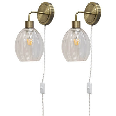 First Choice Lighting Set Of 2 Toby - Antique Brass Plug In Wall Lights Fluted Shades - image 1