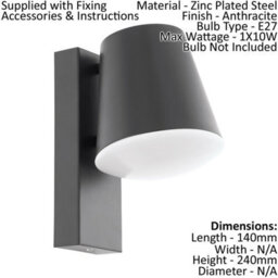 2 Pack Modern Ip44 Outdoor Wall Down Light In Anthracite Zinc Plated Steel 10W E27 - thumbnail 2