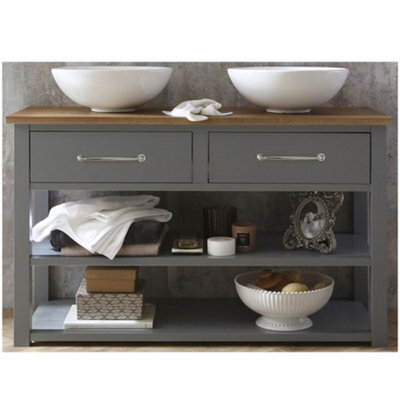 Homestylestore Light Grey And Oak 1215mm Bathroom Cloakroom Vanity Unit With Two Round Countertop Basins And Chrome T Bar Handles - image 1