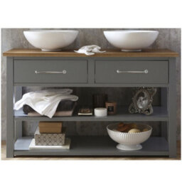 Homestylestore Light Grey And Oak 1215mm Bathroom Cloakroom Vanity Unit With Two Round Countertop Basins And Chrome T Bar Handles - thumbnail 1