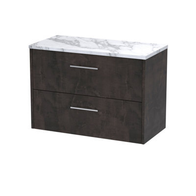Hudson Reed Juno Wall Hung 2 Drawer Vanity & Carrera Marble Worktop, Metallic Slate Woodgrain, 805 X 390 mm - image 1