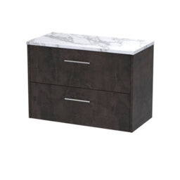 Hudson Reed Juno Wall Hung 2 Drawer Vanity & Carrera Marble Worktop, Metallic Slate Woodgrain, 805 X 390 mm - thumbnail 2