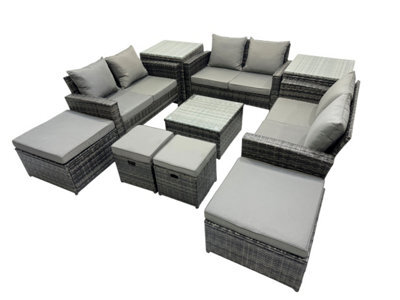Fimous Pe Rattan Garden Furniture Set Lounge Double Seat Sofa Coffee Table Set With 2 Side Tables 4 Stools Dark Grey Mixed - image 1