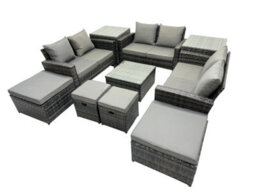Fimous Pe Rattan Garden Furniture Set Lounge Double Seat Sofa Coffee Table Set With 2 Side Tables 4 Stools Dark Grey Mixed - thumbnail 1
