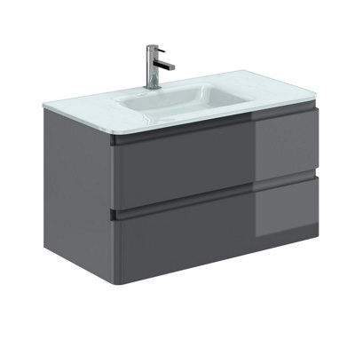 Plum&clay Marvel Gloss Dark Grey Wall Hung Bathroom Vanity Unit With White Glass Basin (W)900mm - image 1