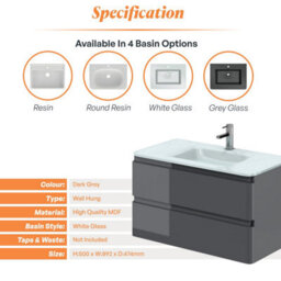 Plum&clay Marvel Gloss Dark Grey Wall Hung Bathroom Vanity Unit With White Glass Basin (W)900mm - thumbnail 5