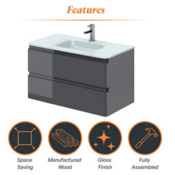 Plum&clay Marvel Gloss Dark Grey Wall Hung Bathroom Vanity Unit With White Glass Basin (W)900mm - thumbnail 6