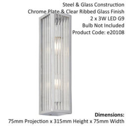 Bathroom Wall Light Fitting - Chrome Plate & Ribbed Glass Shade - Twin Lamp - thumbnail 2