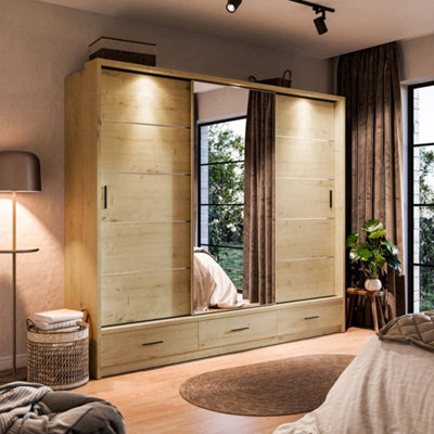 Arte Modern Lux Wardrobe With Shelves And Mirrored Door In Oak Artisan - Led Lit Storage Solution (H2150mm W2500mm D630mm) - image 1
