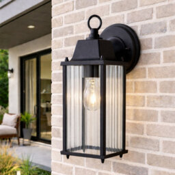 CGC Interiors Cgc Santiago Black Coach Lantern Wall Light With Ribbed Glass - thumbnail 1