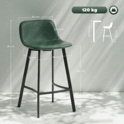 Homcom Bar Stools Set Of 2, Bar Chairs With Back And Steel Legs, Green - thumbnail 3