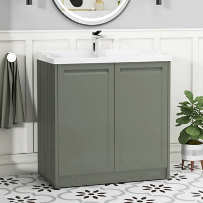 Royal Bathrooms Elmore 800mm Floor Standing 2 Door Bathroom Vanity Unit With Traditional Ceramic Basin Sink - Matt Green - image 1