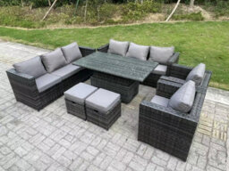 Fimous 10 Seater Wicker Pe Garden Furniture Rattan Sofa Set Outdoor Adjustable Rising Lifting Dining Table Set - thumbnail 2