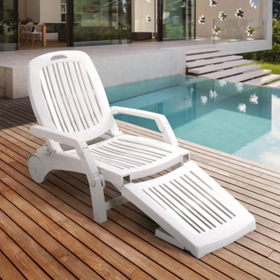 Living And Home White Foldable Garden Sun Lounge Plastic Lounger Recliner Armchair With Wheels - image 1