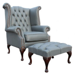 Chesterfield High Back Wing Chair + Footstool Vele Soft Iron Grey Leather In Queen Anne Style - thumbnail 2