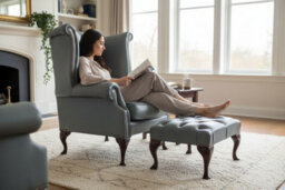 Chesterfield High Back Wing Chair + Footstool Vele Soft Iron Grey Leather In Queen Anne Style - thumbnail 3