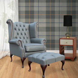 Chesterfield High Back Wing Chair + Footstool Vele Soft Iron Grey Leather In Queen Anne Style - thumbnail 1