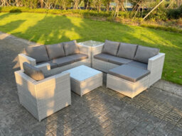 Fimous Light Grey Outdoor Rattan Garden Furniture Set Corner Sofa Set 2 Coffee Table Big Footstool Armchair - thumbnail 2