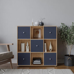 Urbn-Living 9 Cube Oak Wooden Bookcase Shelving Unit With 5 Collapsible Fabric Drawers Navy Blue - thumbnail 2