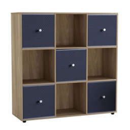 Urbn-Living 9 Cube Oak Wooden Bookcase Shelving Unit With 5 Collapsible Fabric Drawers Navy Blue