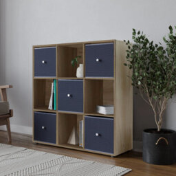 Urbn-Living 9 Cube Oak Wooden Bookcase Shelving Unit With 5 Collapsible Fabric Drawers Navy Blue - thumbnail 3