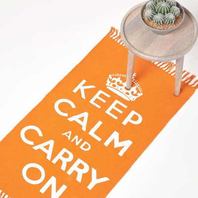 Homescapes Keep  Calm And Carry On Handwoven 100% Cotton Rug In Orange & White, 60 X 100 Cm - image 1