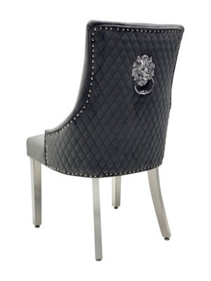Home Luxe Interiors Pair Of Majestic Grey Brushed Velvet Dining Chairs With Silver Lion Knocker - image 1