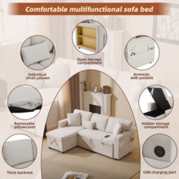 Btm Corner Sofa Bed Corner Couch Lshaped Sofa Bed Extendable, Bed Box And Integrated Shelf, Beige - thumbnail 9