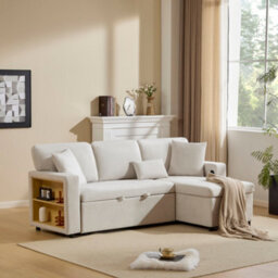 Btm Corner Sofa Bed Corner Couch Lshaped Sofa Bed Extendable, Bed Box And Integrated Shelf, Beige