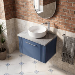 Balterley Belvide Partial Fluted 1 Drawer Wall Hung Vanity Unit With Bellato Grey Laminate Worktop - 600mm - Satin Blue - thumbnail 3