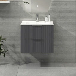 Royal Bathrooms Evora 600mm Graphite Grey Fluted Wall Hung Bathroom Vanity Unit 2 Drawer Cabinet Storage With Ceramic Basin Sink - 1 Tap Hole