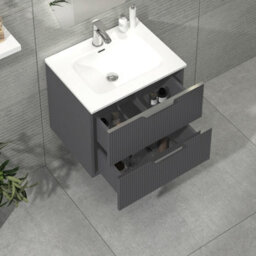 Royal Bathrooms Evora 600mm Graphite Grey Fluted Wall Hung Bathroom Vanity Unit 2 Drawer Cabinet Storage With Ceramic Basin Sink - 1 Tap Hole - thumbnail 3