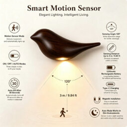 Amorly Dark Wood Grain Bird Wall Sconce, Rechargeable Motion Sensor Wireless Wall Light,for Bedroom, Hallway, Stairway (Right Facing) - thumbnail 5