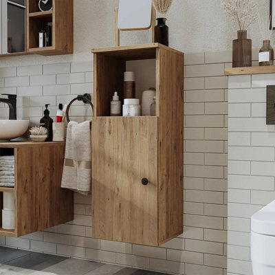 Roomart Lotus Wall Mounted Bathroom Towel Storage Cabinet 90Cm High In Oak Finish - image 1