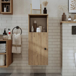 Roomart Lotus Wall Mounted Bathroom Towel Storage Cabinet 90Cm High In Oak Finish - thumbnail 3