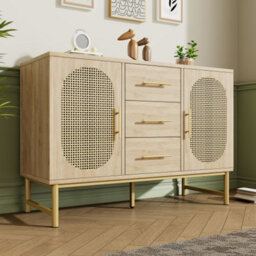Btm Oak Rattan Sideboard With 2 Doors, 3 Drawers, Adjustable Shelves, Anti-Tip, For Living Room/bedroom/hallway, 120Cm - thumbnail 3