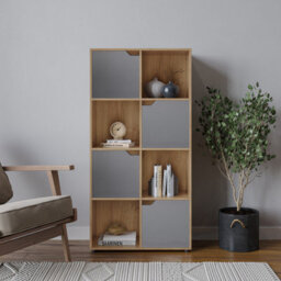 Urbn-Living Urbnliving 119Cm Height Oak 8 Cube Bookcase Shelving Display Shelf Storage Grey Wooden Door - thumbnail 1