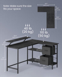 Songmics Corner Computer Desk, Home Office L-Shaped Desk With Adjustable Storage Shelf, 2 Drawers And Monitor Stand, Ebony Black - thumbnail 2