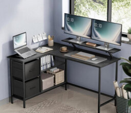 Corner Computer Desk, Home Office L-Shaped Desk With Adjustable Storage Shelf, 2 Drawers And Monitor Stand, Ebony Black